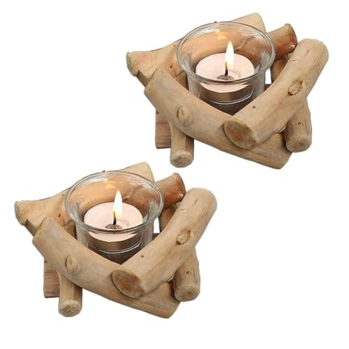 Image of Sziqiqi Rustic Wooden Tea Light Candle Holder Set of 2 with Glass Cup Driftwood Votive Tealight Holder for Farmhouse Wedding Centrepieces Living Room Coffee Table Home Decorations
