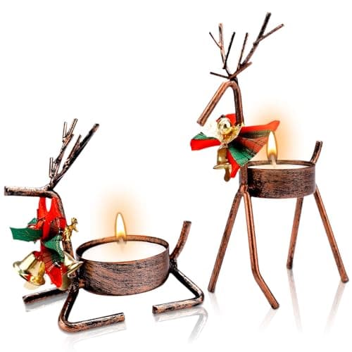 Image of Christmas Tea Light Candle Holders, 2 Pcs Rustic Black Reindeer Tea Light Holders for Christmas Table Decoration, Stag Tealight Holder for Xmas Home Dining Living Room Kitchen Fireplace Decor