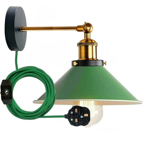 Image of Industrial Green Plug in Wall Light Fixture, Vintage 2m Fabric Cable 3 Pin With Dimmer Switch Wall Mounted Sconce Adjustable Arm 180º E27 Base Antique Retro Metal 22cm Shade (Green, With Bulb)