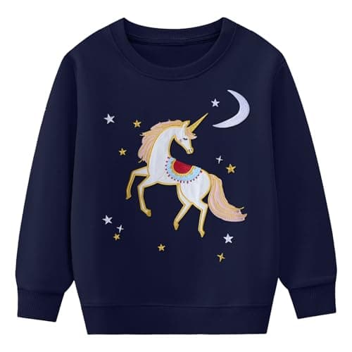 Image of Baogaier Girls Sweatshirt Cotton Long Sleeve T Shirts Jumper Crew Neck Casual Loose Kids Clothes Soft Breathable Pullover Tops Girl Clothing Age 4-5 Years, Navy Blue Horse