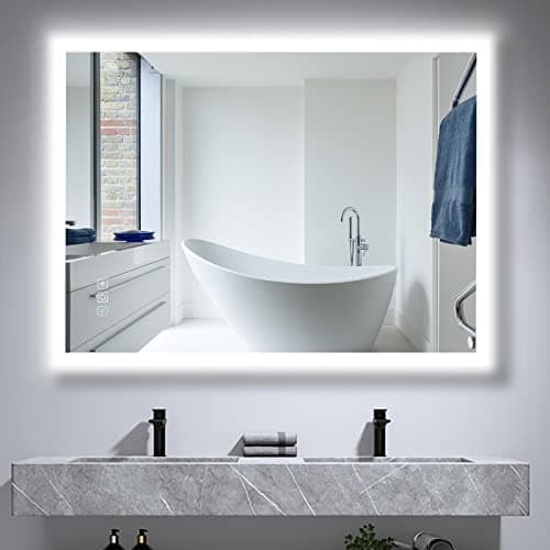 Image of furduzz 800x600 mm Backlit Illuminated Bathroom Mirrors, Wall Mounted Multifunction Bathroom Vanity Mirror with LED Lights, Adjustable Light, Anti Fog, Memory Dimming Function, Vertical/Horizontal
