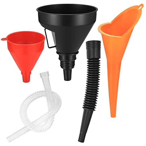 Image of 3 Pcs Right Angle Flexible Plastic Funnel Set, Universal Car Gasoline Fuel Petrol Engine Funnel with Detachable Spout and Long Mouth Funnels for Motorcycle Car Automotive (Red/Orange/Black-3PCS)