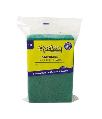Image of Optima Proclean Standard Flat Scourers, Green (Pack of 10), 12x14 cm, Abrasive Cleaning Pad To Easily Remove Grease and Grime, Trade Favourite For Commercial Kitchens