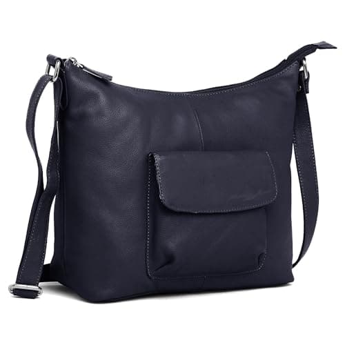 Image of Hudson & James Designer Genuine Leather Women Ladies Travel Satchel Everyday Crossover Cross body Work iPad Shoulder Handbag Bag (Navy Blue)