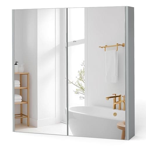 Image of COSTWAY Bathroom Mirror Cabinet, Wall Mounted Storage Cupboard with Shelf, Home Kitchen Living Room Display Organiser Unit (Double Door, Grey)