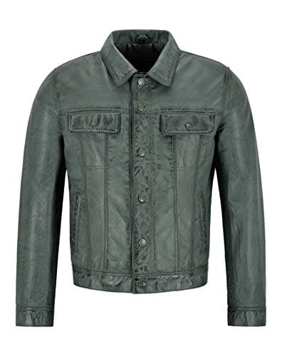 Image of Mens Trucker Leather Jacket Grey Napa Classic Western Fashion Biker Style 1280 (M)
