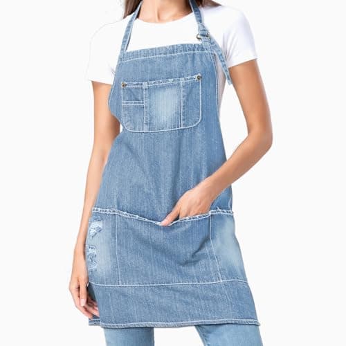 Image of FYTXSZ Chef Apron for Women and Men with Pockets – Adjustable Denim Kitchen Aprons for Cooking, Baking, BBQ， Gardening, Barber, Art Work or Cafe Use – Durable Bib Apron