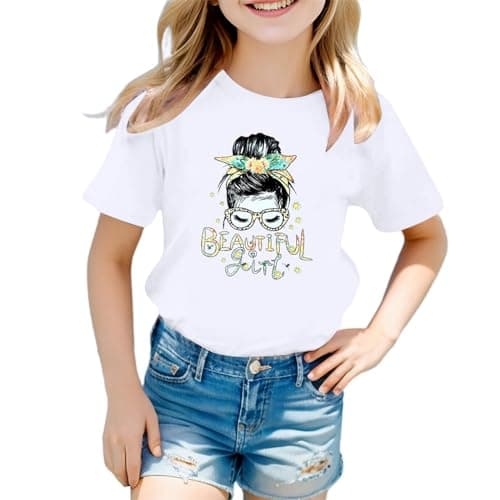 Image of Cute Graphic Print Cotton T-Shirt - Girls' Lightweight Soft Top - Round Neck Short Sleeve Tee - Summer Casual Shirt - School Tee - Christmas T-Shirt - Age 3-12 (04-White, 3-4 Years)