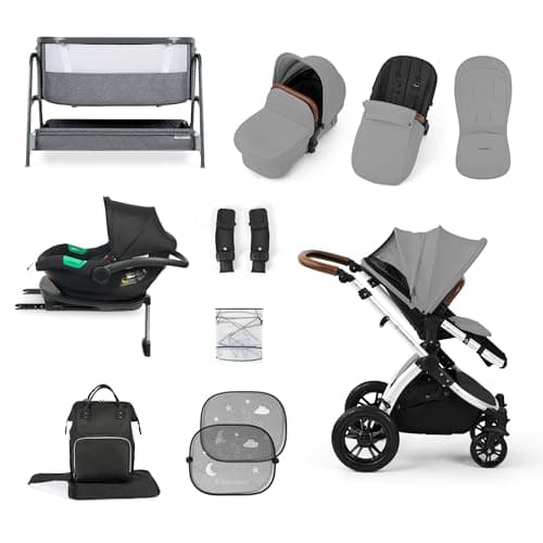 Image of Ickle Bubba Stomp Luxe i-Size Cirrus Travel & Home 14-Piece Bundle with ISOFIX Base & Bubba&Me Bedside Crib – All-Terrain Pushchair with Accessories, Birth to 4 Years* (Silver/Pearl Grey/Tan)