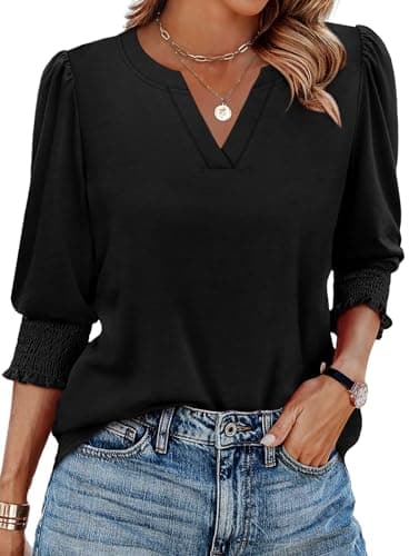 Image of Aokosor Womens 3/4 Sleeve Tops Ladies Blouses V Neck T Shirts Puff Sleeve Tunic Curved Hem Office Wear Size 26-28 Black