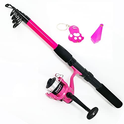 Image of FLADEN KIDS Fishing Rod Combo - Fishing Fun Telescopic (1.8m / 6ft) Rod/Matching Reel/Line/Training Weight/Fun LED Keyring Fishing Combo - Ideal Set For Children (Pink Cat) [12K-518P]