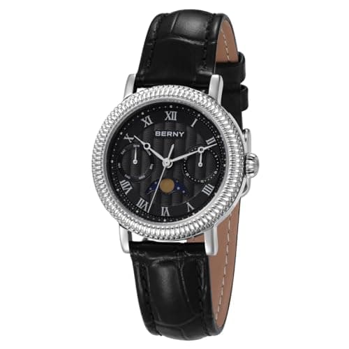 Image of BERNY Women Watch Ladies Quartz Watch Moon Phase Analog Watches Genuine Leather Strap Fashion Watches for Women 3ATM Waterproof