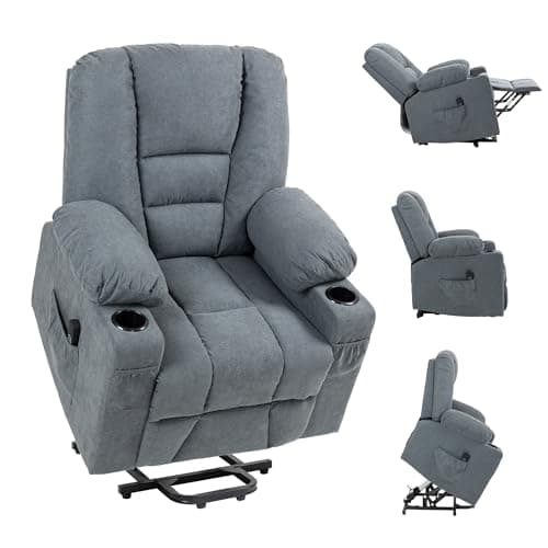 Image of HOMCOM Oversized Riser and Recliner Chairs for the Elderly, Fabric Upholstered Lift Chair for Living Room with Remote Control, Side Pockets, Cup Holder, Grey