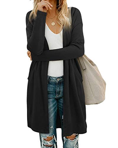 Image of OUGES Women's Black Cardigan with Pockets Long Sleeve Casual Open Front Lightweight Ladies Cardigan(Black,XL)