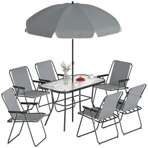 Image of Outsunny 8 Piece Garden Dining Set with Parasol, Outdoor Garden Furniture Set with 6 Folding Chairs, Tempered Glass Table and Parasol for Patio, Grey