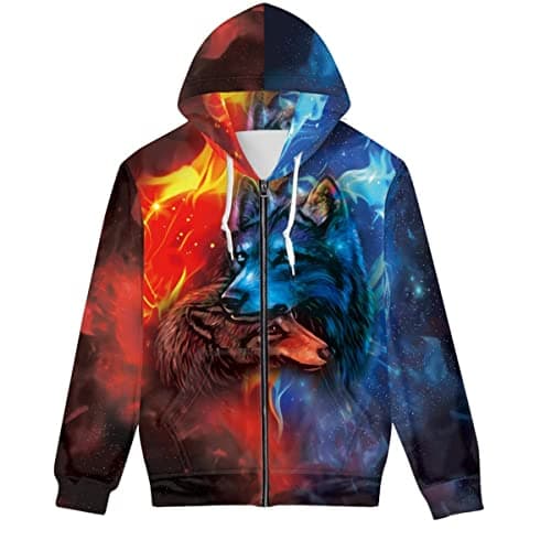 Image of ENLACHIC Men's Cool Wolf Galaxy 3D Printed Zip up Hoodie Pullover Hooded Sweatshirt Hoodies with Pockets, Blue and Red Firewolf, M