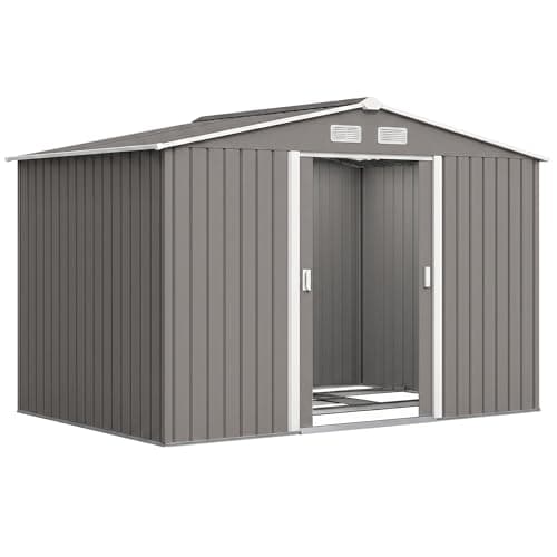 Image of Outsunny 9 x 6ft Metal Garden Shed, Waterproof Outdoor Bike Storage Shed Galvanised with Vents, Foundation Kit, Apex Roof and Lockable Double Doors for Patio Lawn, Grey