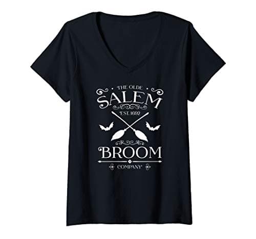 Image of Womens Basic Witch Salem Broom Company Halloween Witches Spell V-Neck T-Shirt