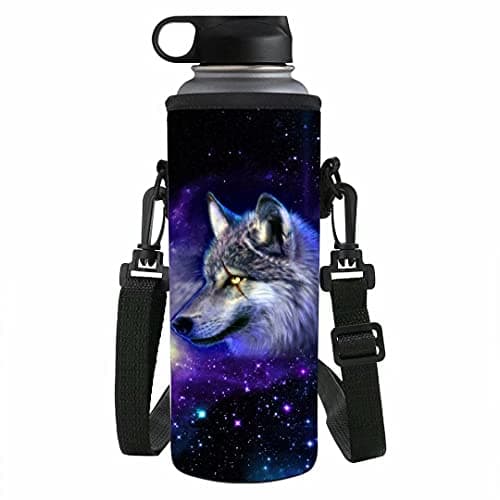 Image of NETILGEN Galaxy Wolf Portable Water Bottle Carrier Insulated Water Cup Holder Bag 1000ML Neoprene Water Gym Travel Shoulder Strap Bottles Cover