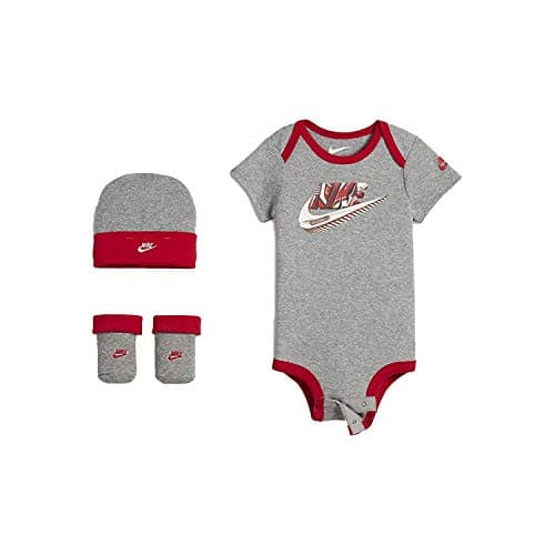 Image of NIKE Infant Babys 3-Piece Bodysuit, Hat & Booties Set (0-6 Months, Grey Heather (IBSPN1673-042) / White/Red)