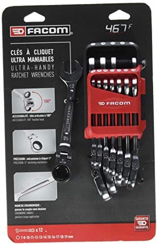 Image of Facom 467BF.JP12 Metric Hinged Ratchet Wrench Set in Portable Case, Silver, Set of 12