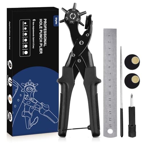 Image of Leather Hole Punch, [Upgraded Version][Perfect Full Set] Diyife Belt Puncher, Heavy Duty Revolving Plier Tool with 3 Extra Plates Ruler Grinding Rod, Multi Sized for Crafts, Card, Rubber (Black)
