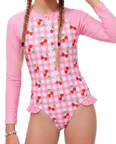 Image of JiAmy Girls Swimsuit Swimming Costume Long Sleeve One-Piece UV Protection Swimwear Summer Rash Guard Bathing Suits Pink Cherries 5-6 Years