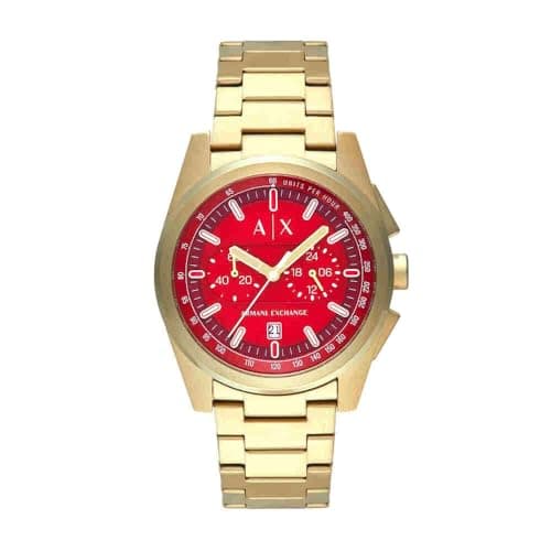 Image of Armani Exchange Watch for Men, Quartz Chronograph Movement and 42mm Case Size with Stainless Steel Strap, Red and Gold