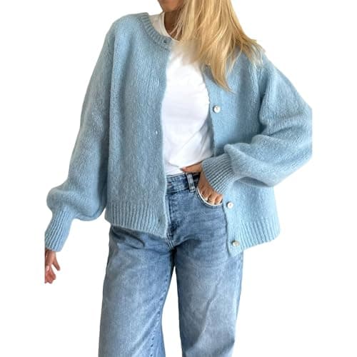 Image of YILEEGOO Women's Button Down Crewneck Cardigan Lightweight Knit Jumper Tops Casual Winter Fall Warm Sweaters Knitwear Coat Outerwear (Light Blue, M)