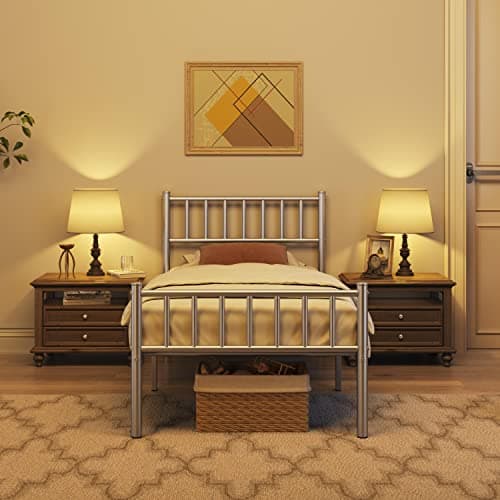 Image of Yaheetech 3ft Single Metal Bed Frame Modern Style Bed Frame with Headboard and Footboard, Solid Slatted Base Silver
