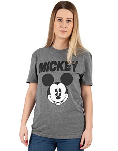 Image of Disney Mickey Mouse T-Shirt for Women | Ladies Clubhouse Animated Character Face | Grey Short Sleeve Top Merchandise