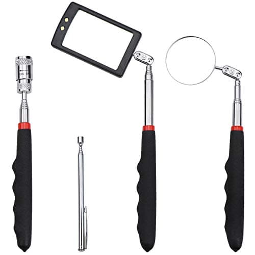 Image of Homgaty Inspection Mirror, 4Pcs Telescopic Rectangular/Round Magnetic Pick-Up Tool with LED Light, Extendable Pick-Up Stick with Magnet,Magnetic Retrieval Pen for Retrieving Metal Objects
