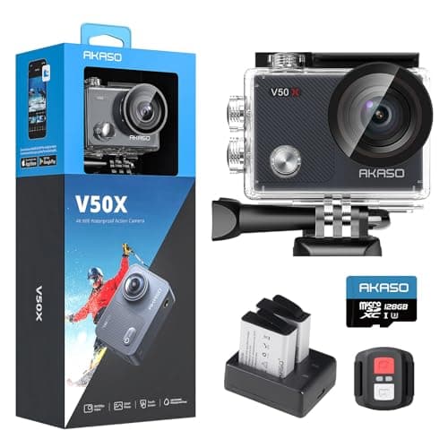 Image of AKASO V50 X Action Camera with 128GB microSDXC Memory Card - Native 4K Wifi Underwater 40M EIS Anti-Shake Cam with Touch Screen, Remote Control, Waterproof Case and Mounting Accessories Kit