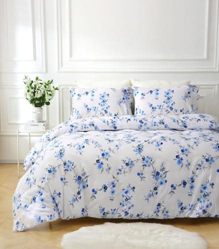 Image of HOMEMAKER BEDDING Duvet Set with Flower Blooms, Quilt Cover Pillow Cases, Spring Summer (Blue/White, Double)
