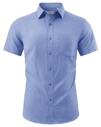 Image of J.VER Mens Shirts Short Sleeved Summer Casual Blue Oxford Non Iron Formal Button Down Shirt with Pocket 2XL