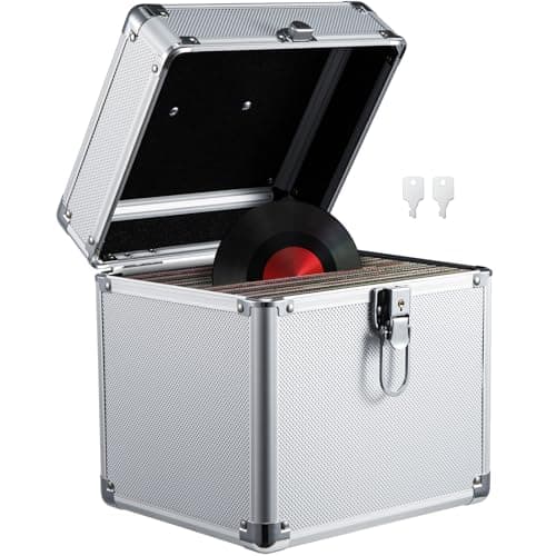 Image of Supernic Vinyl Record Storage Box 7" 50pcs Vinyl Record Storage Cases Singles Vinyl Record Carry Case Heavy Duty Safe Box DJ Box Lockable Flight Carry Case Holds (Silver)