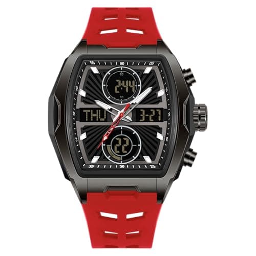 Image of OFNS Watches for Men Tonneau Casual Wrist Watch Sport Chronograph Rectangle Multifunction Watch with Digital Analog Dual Time Display Countdown Stopwatch (Black Red)
