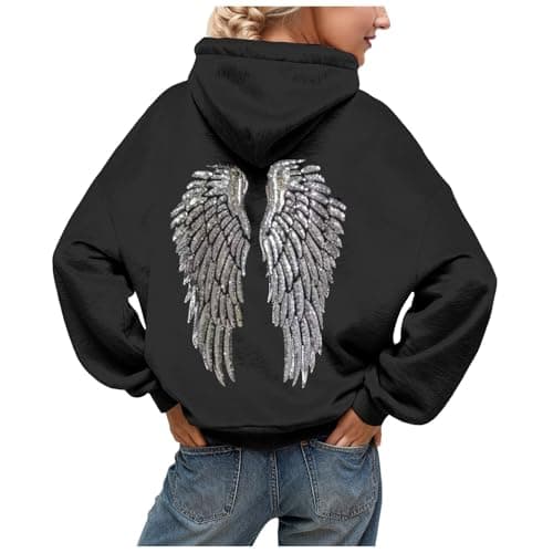 Image of Womens Sequin Angel Wings Hoodies Y2k Graphic Oversized Hooded Sweatshirt Long Sleeve Winter Clothing Black