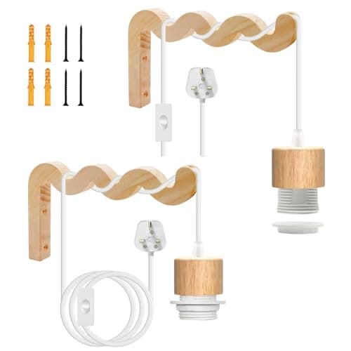 Image of White Modern Bedroom Wall Lamp with 5M Switch and Cable,2Pcs Indoor Plug in Wall Lights, E27 Pendant Lighting Fixtures with 20X12cm Wooden Wall Brackets, Rustic Wall Sconces for Living Room,No Bulb