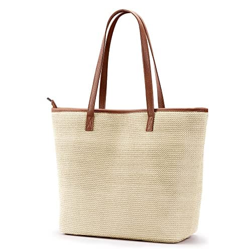 Image of KALIDI Straw Tote Beach Bag Striped Shoulder Handbag Stitch Woven PU Leather Handle Zipper Closure Inner Pocket Travel Shopping Picnic