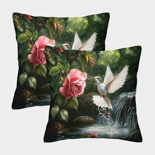 Image of GXYUAOIEF Hummingbird Cushion Covers Set of 2 Flower Cushion Cases Square Pillowcases for Couch Sofa Bedroom with Invisible Zipper Modern Decorative 45x45cm