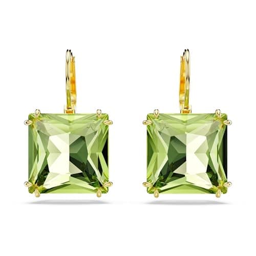 Image of Swarovski Millenia drop earrings, Square cut, Green, Gold-tone plated