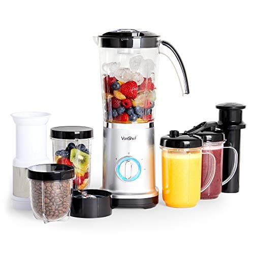 Image of VonShef Blender, Juicer & Grinder – 4 in 1 Multi-Function Smoothie Blenders for Kitchen with 2 Speeds & Pulse Function, 17 Piece Juicer, Blender and Grinder Set for Ice, Smoothies, Shakes, 220W