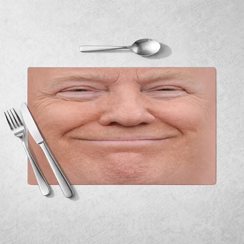Image of Donald Trump Face Table Placemat Funny Meme Dining Mat Political Parody Close Up Portrait Kitchen Table Decor Heat Resistant Aesthetic Home Dining Setting Novelty Gift UK
