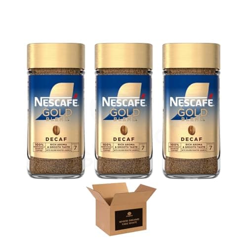 Image of Nescafe Gold Blend Decaf Instant Coffee – Smooth Rich Aroma with Golden Roasted Arabica Beans | Premium Decaffeinated, Low Caffeine Drink | Responsibly Sourced | (Gold Blend Decaf-95g-Pack 3)