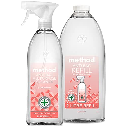 Image of Method Antibacterial Spray, All Purpose Cleaner, Peach Blossom, 828 ml + Method Antibacterial Spray Refill, All Purpose Cleaner, Peach Blossom, 2 L