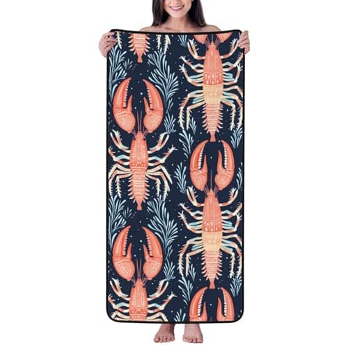 Image of Buewutiry Bath Towel - Vintage Lobster Print Highly Absorbent Towels for Bathroom, 27x55in Quick Drying Microfiber Bath Towels for Body, Large Soft Shower Towels for Yoga, Spa, Gym