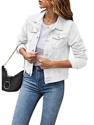 Image of Women's Solid Color Basic Button Denim Jacket with Pockets, Casual Denim Jacket Top (A-White, S)