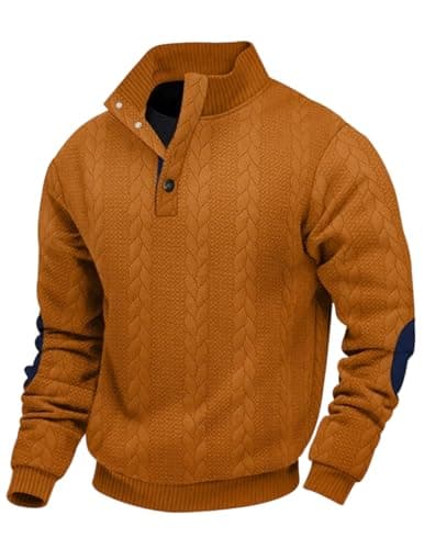 Image of EndoraDore Mens Jacquard Sweatshirts Casual Long Sleeve Pullover Knitwear Button Stand Collar Tops Orange L