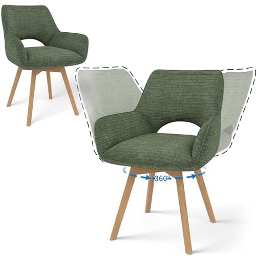 Image of JIJIAN Swivel Dining Chairs Set of 2, 360° Swivel Upholstered Chairs with Armrests and Wooden Legs, Fabric Backrest for Kitchen, Living Room, Bedroom, Green